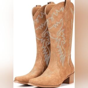 Tan Western Embroidered Pointy Toe, Mid Calf, Women's Boots, 7